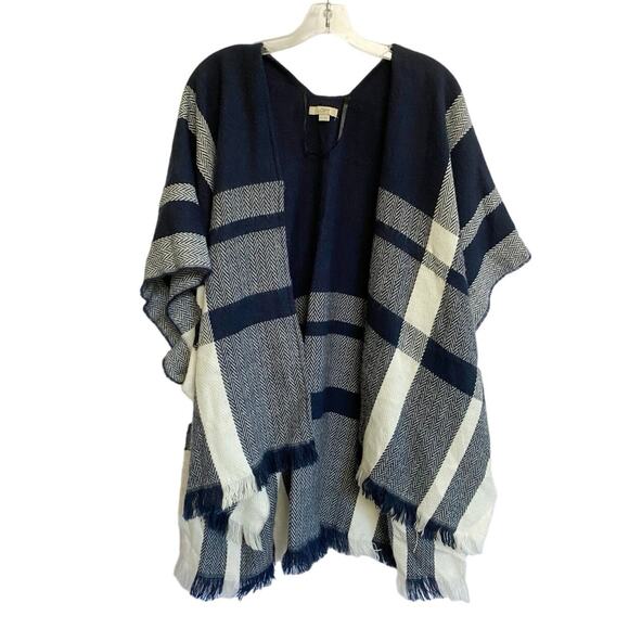 LOFT M/L Boho Blue Poncho Open Front Oversized Shawl Cardigan - Picture 3 of 13